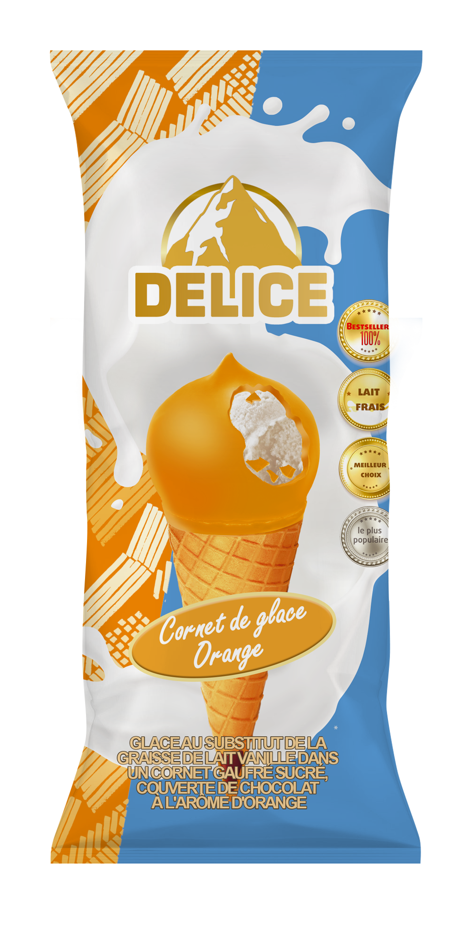 Glace vanillée dans un cornet gaufré sucré, couverte de chocolat au lait avec la couverture à l’arôme d’orange