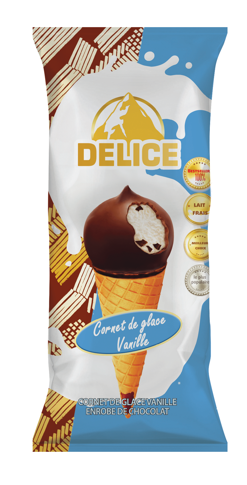 Glace vanillée dans un cornet gaufré sucré, couverte de chocolat