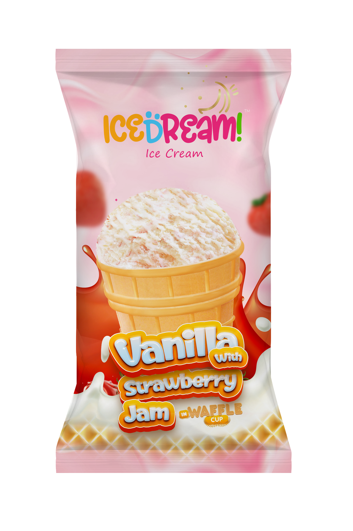 Ice cream  vanilla with strawberry jam in a waffle cup 