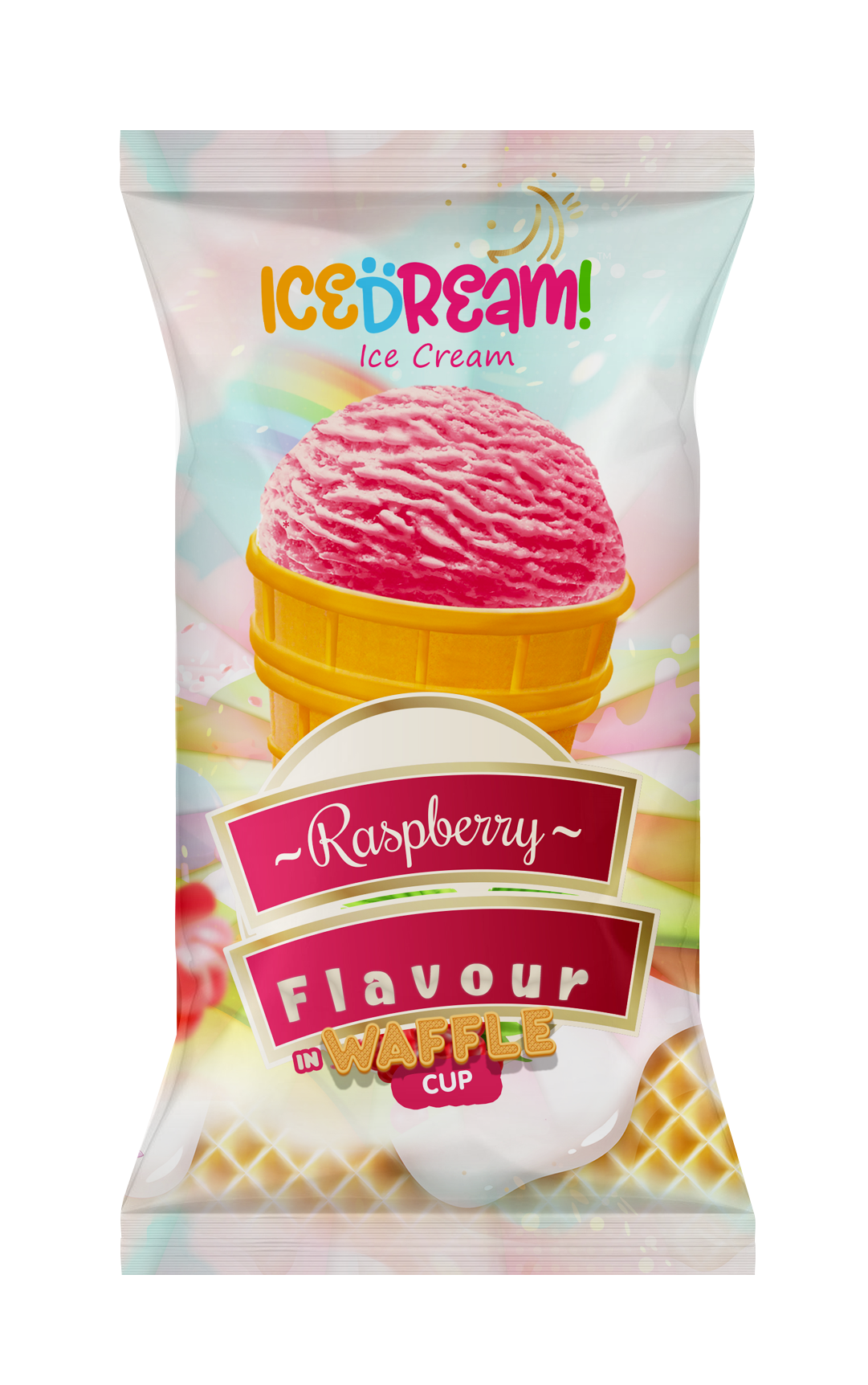 Ice cream  with raspberry flavor in waffle cup