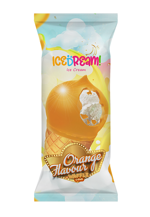 Glace vanillée dans un cornet gaufré sucré, couverte de chocolat au lait avec la couverture à l’arôme d’orange