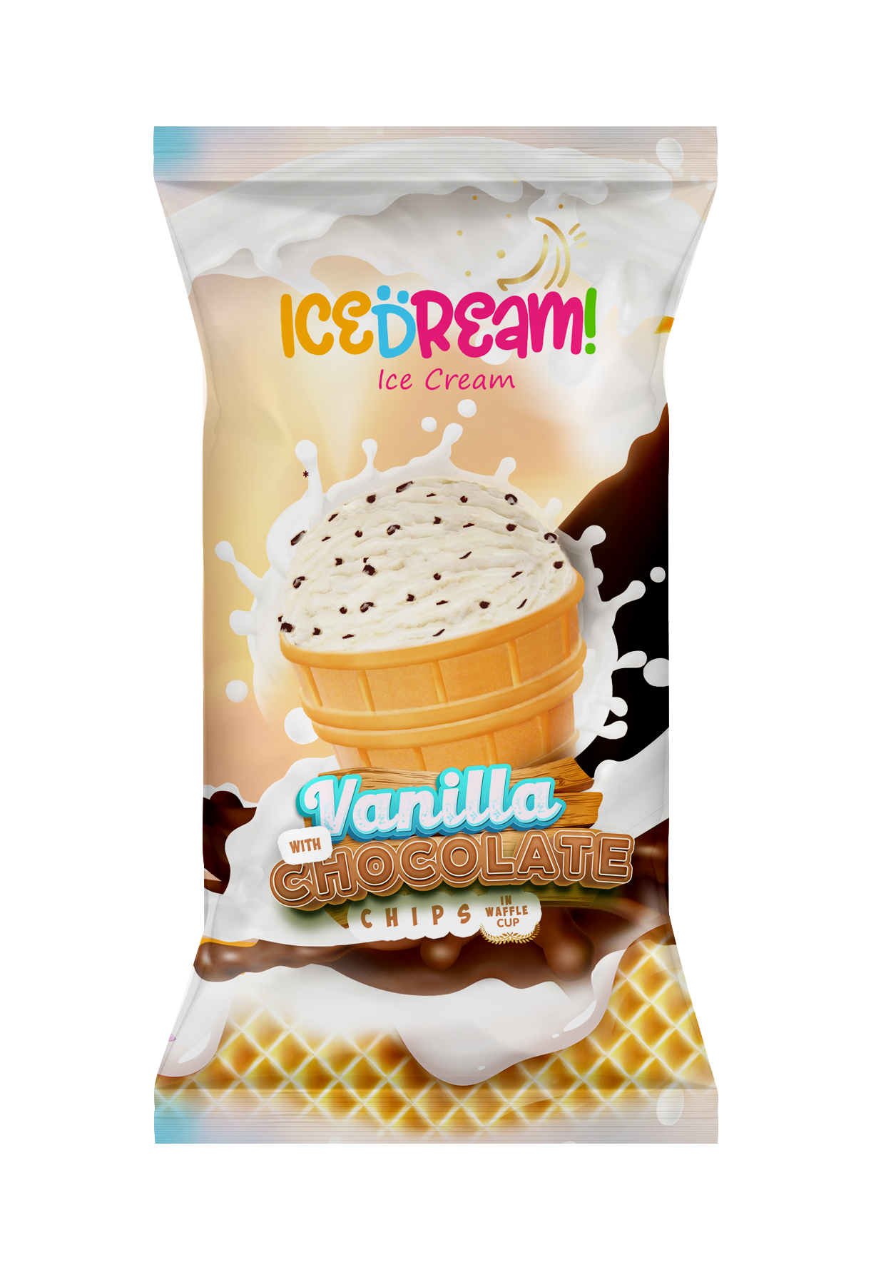 Ice cream vanilla with chocolate chips in waffle cup 