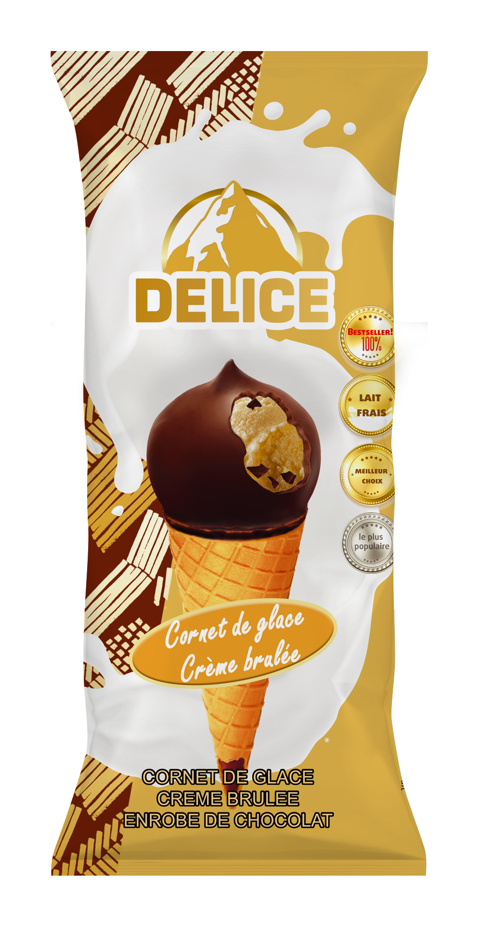 Glace crème brulée dans un cornet gaufré sucré, couverte de chocolat